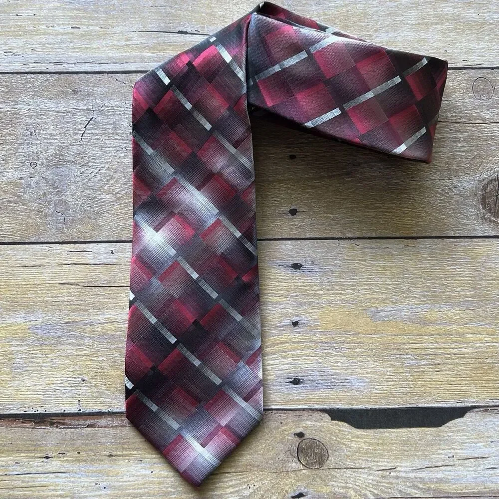 Pierre Cardin‎ Mens Geometric Plaid Tie Burgundy Grey Black Tie Chain Accessory